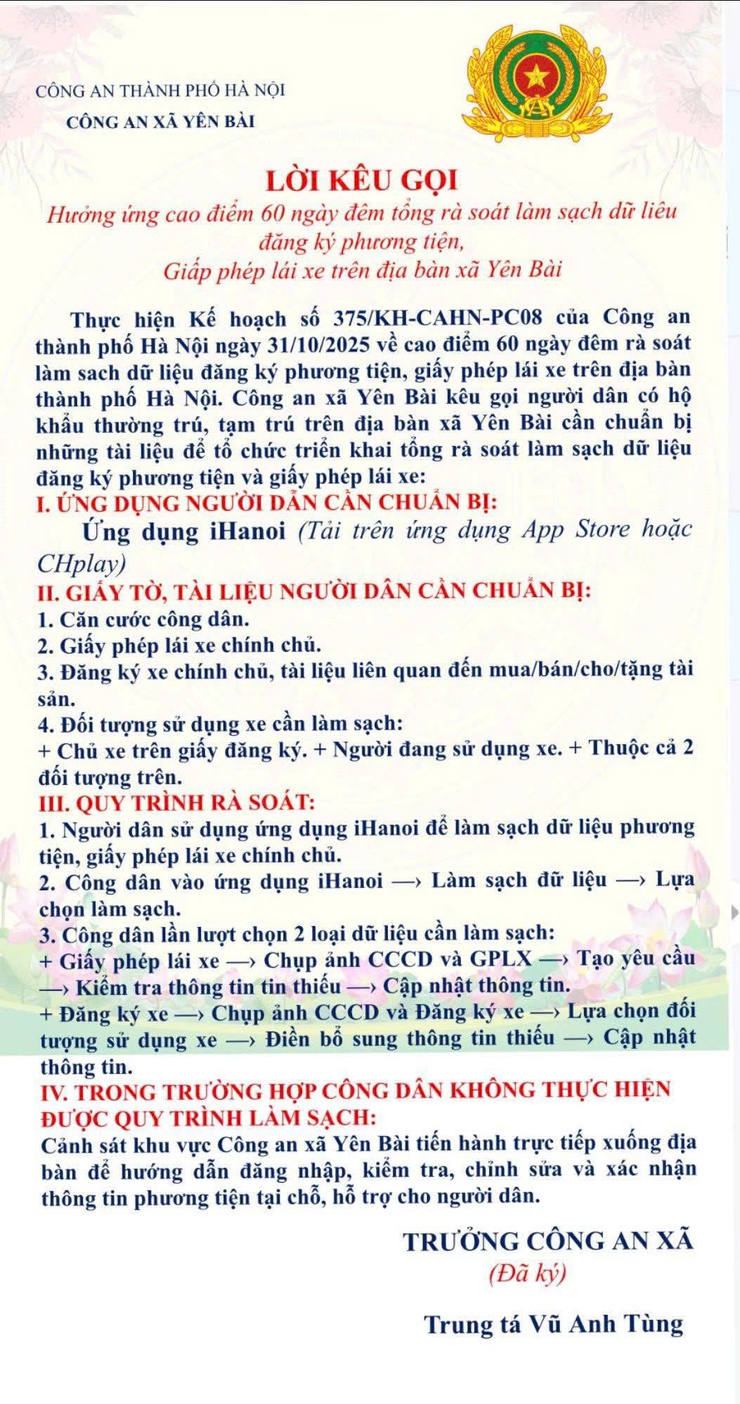 Công an xã Yên Bài triển khai "Tổng rà soát, làm sạch dữ liệu đăng ký phương tiện và giấy phép lái xe" theo Kế hoạch của Công an thành phố Hà Nội"- Ảnh 1.