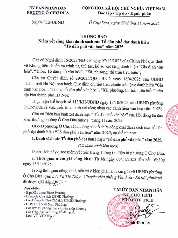 Phường Ô Chợ Dừa Thông báo niêm yết công khai danh sách các Tổ dân phố đạt danh hiệu “Tổ dân phố văn hóa” năm 2025- Ảnh 1.