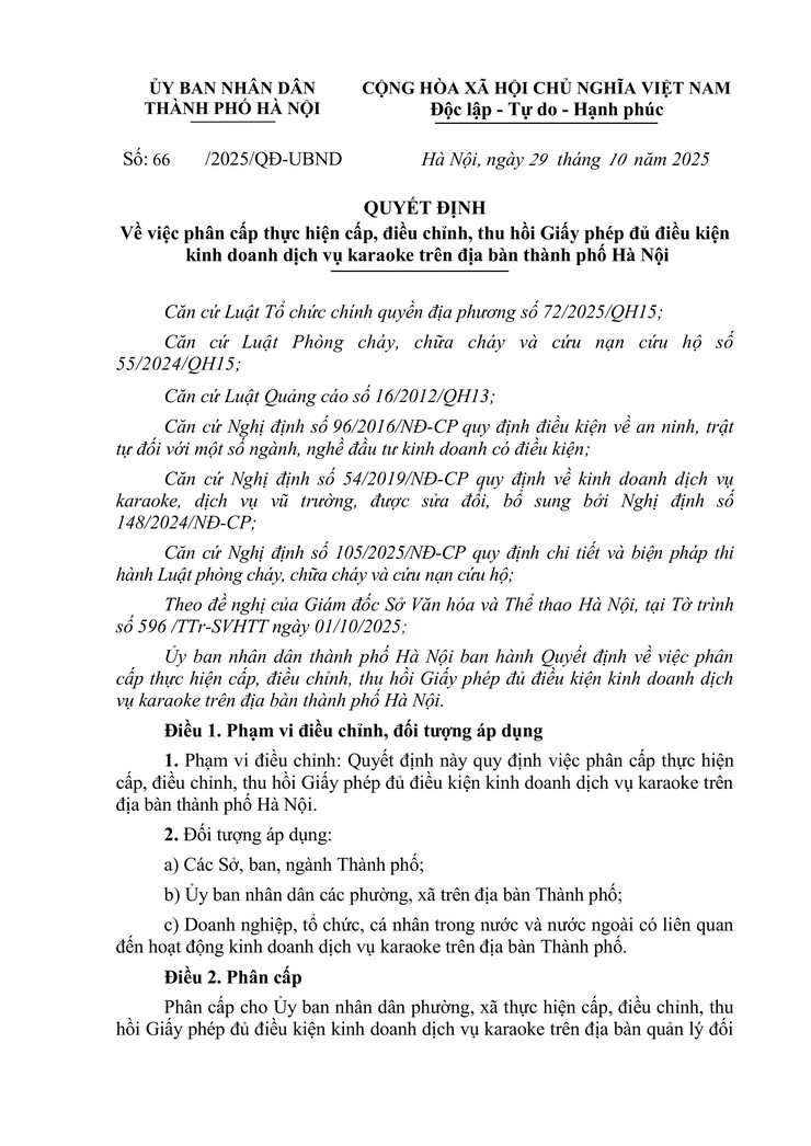 UBND TP. Hà Nội phân cấp cho UBND xã thực hiện cấp, điều chỉnh, thu hồi Giấy phép đủ điều kiện kinh doanh dịch vụ karaoke - Ảnh 1.