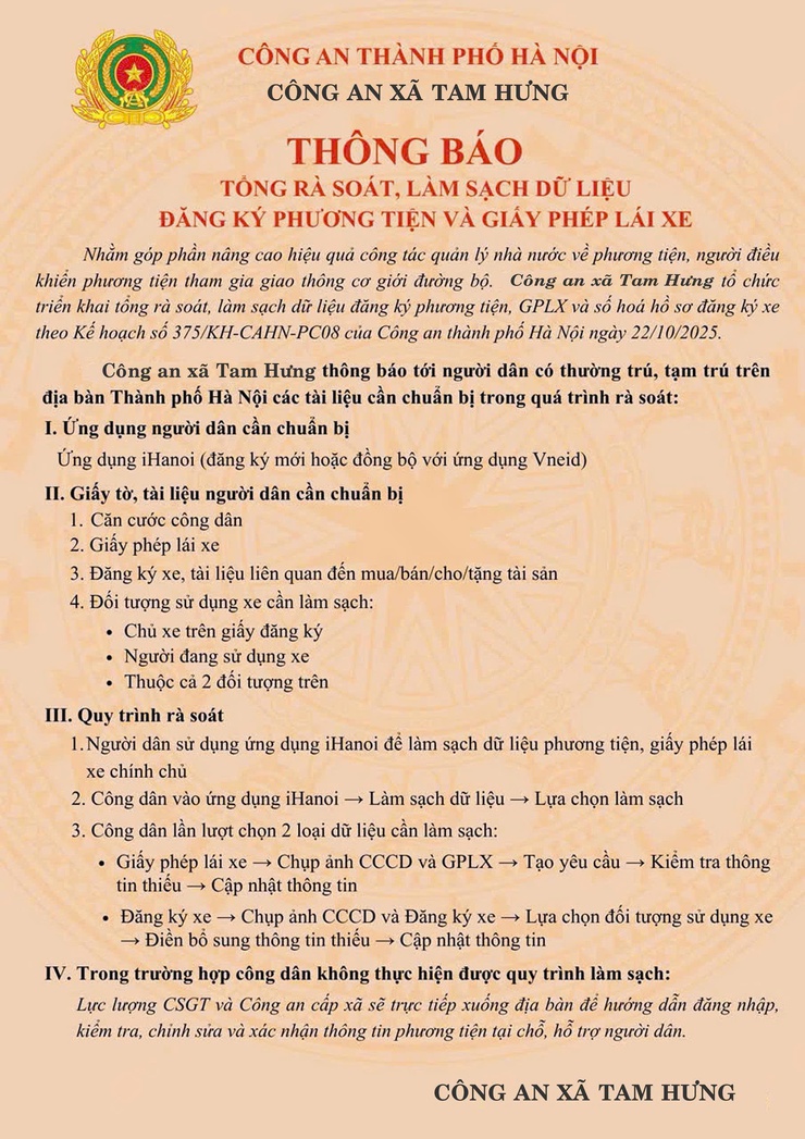 Công an xã Tam Hưng triển khai cao điểm rà soát, làm sạch dữ liệu đăng ký phương tiện và giấy phép lái xe- Ảnh 1.