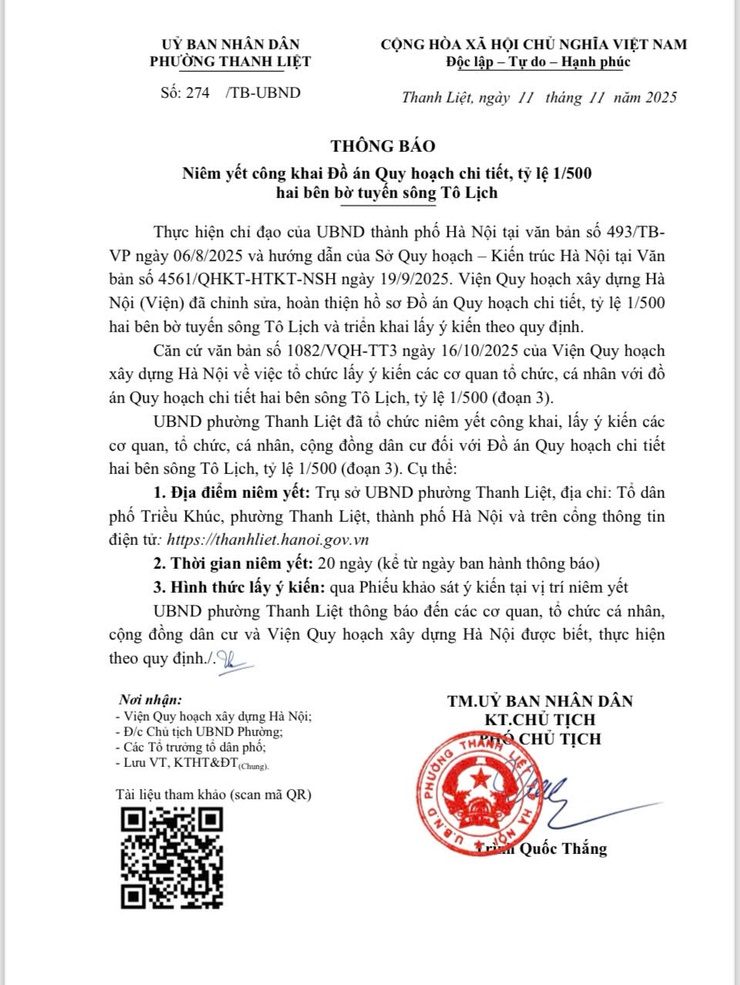 UBND phường Thanh Liệt: Thông báo niêm yết công khai Đồ án Quy hoạch chi tiết, tỷ lệ 1/500 hai bên bờ tuyến sông Tô Lịch - Ảnh 1.