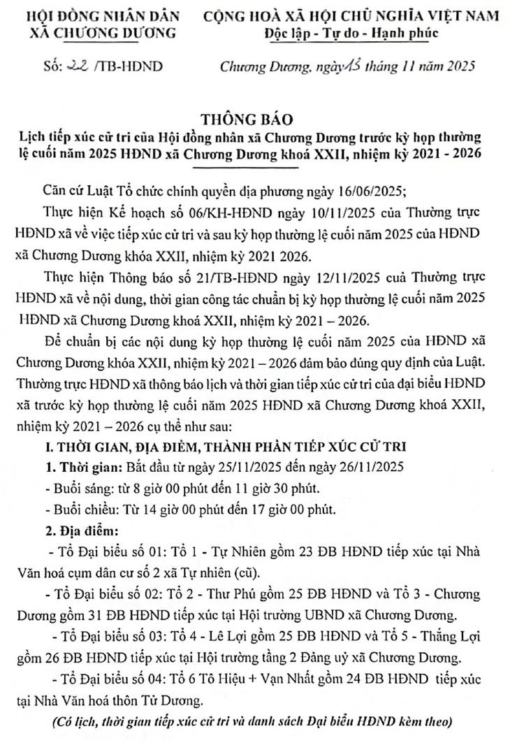 Thông báo Lịch tiếp xúc cử tri của Hội đồng nhân dân xã Chương Dương trước kỳ họp thường lệ cuối năm 2025 HĐND xã Chương Dương khoá XXII, nhiệm kỳ 2021 – 2026- Ảnh 1.