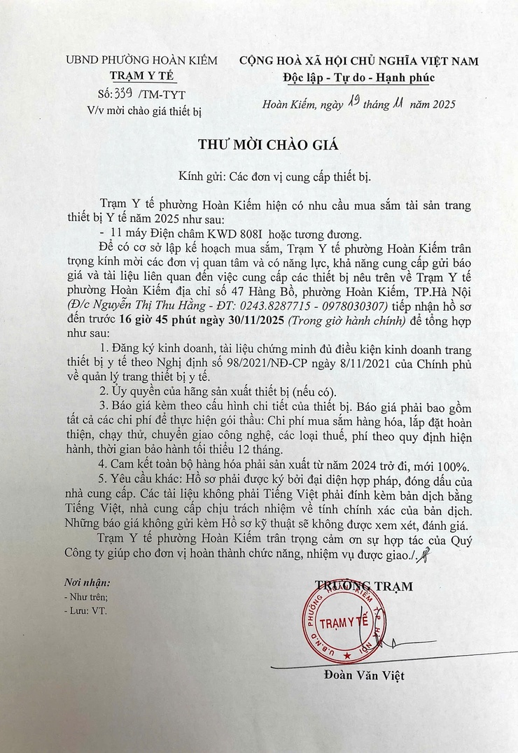 Trạm Y tế phường Hoàn Kiếm Thông báo thư mời chào giá- Ảnh 1.