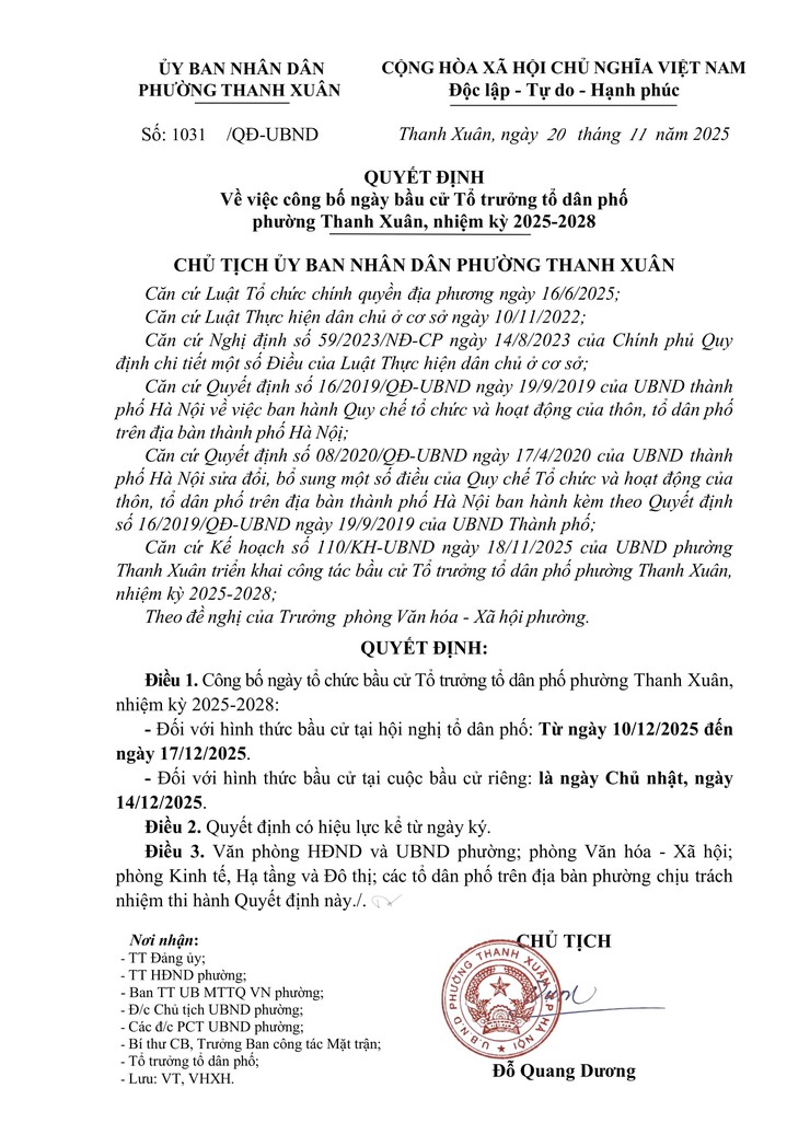 Công bố ngày bầu cử Tổ trưởng tổ dân phố phường Thanh Xuân, nhiệm kỳ 2025-2028- Ảnh 1.