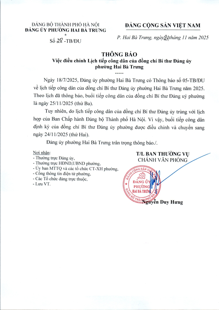 Thông báo điều chỉnh Lịch tiếp công dân của đồng chí Bí thư Đảng ủy phường Hai Bà Trưng.- Ảnh 1.