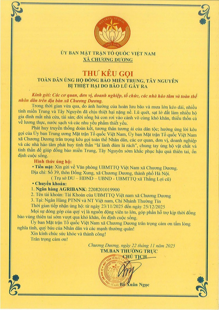 MTTQ Việt Nam xã Chương Dương kêu gọi ủng hộ đồng bào bị thiệt hại do mưa lũ gây ra- Ảnh 1.