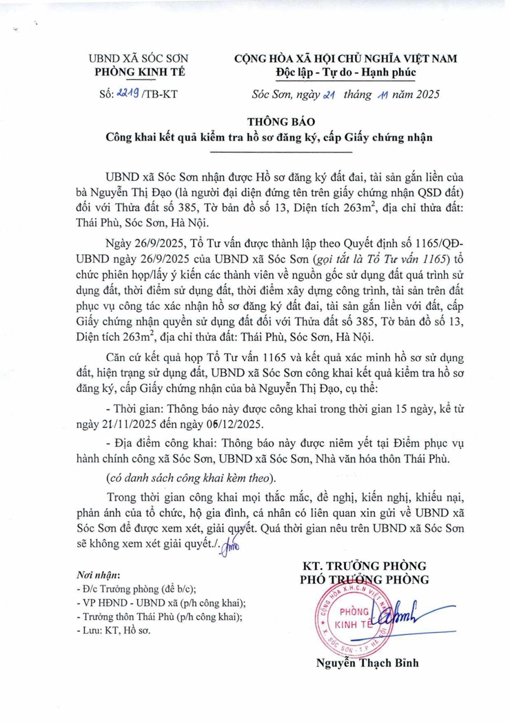 THÔNG BÁO CÔNG KHAI KẾT QUẢ KIỂM TRA HỒ SƠ ĐĂNG KÝ CẤP GCN QSD ĐẤT- Ảnh 1.