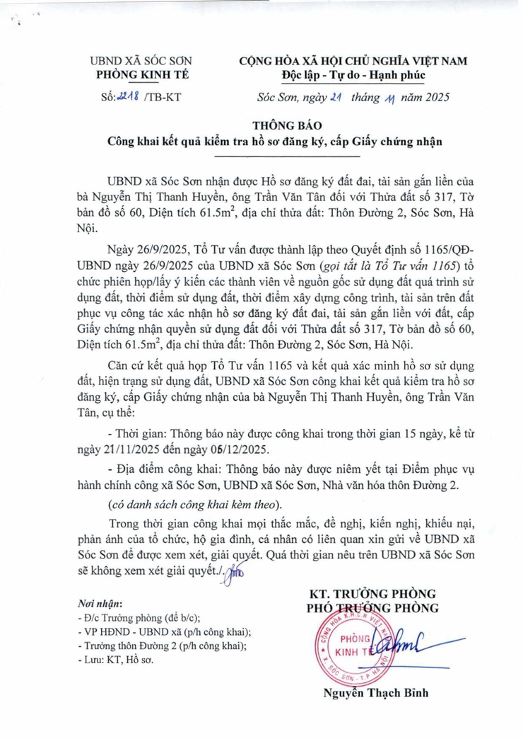 THÔNG BÁO CÔNG KHAI KẾT QUẢ KIỂM TRA HỒ SƠ ĐĂNG KÝ CẤP GCN QSD ĐẤT- Ảnh 1.