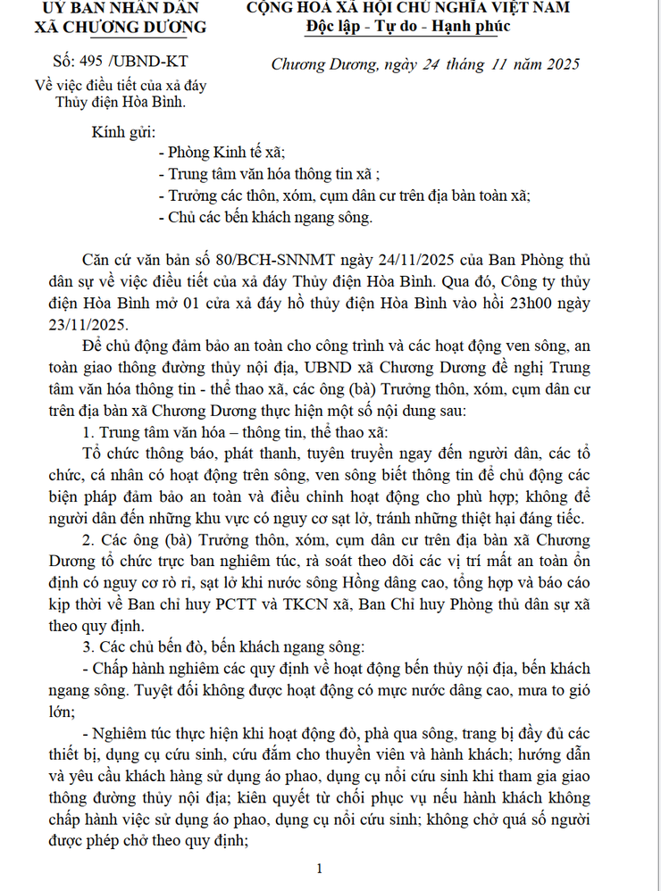 Công văn số 495 ngày 24/11/2025 của UBND xã về việc điều tiết cửa xả đáy Thủy điện Hòa Bình.- Ảnh 1.
