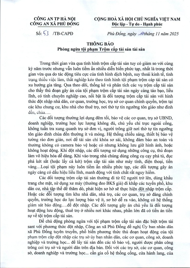 Công an xã Phù Đổng Thông báo Phòng ngừa tội phạm Trộm cắp tài sản dịp cuối năm.- Ảnh 1.