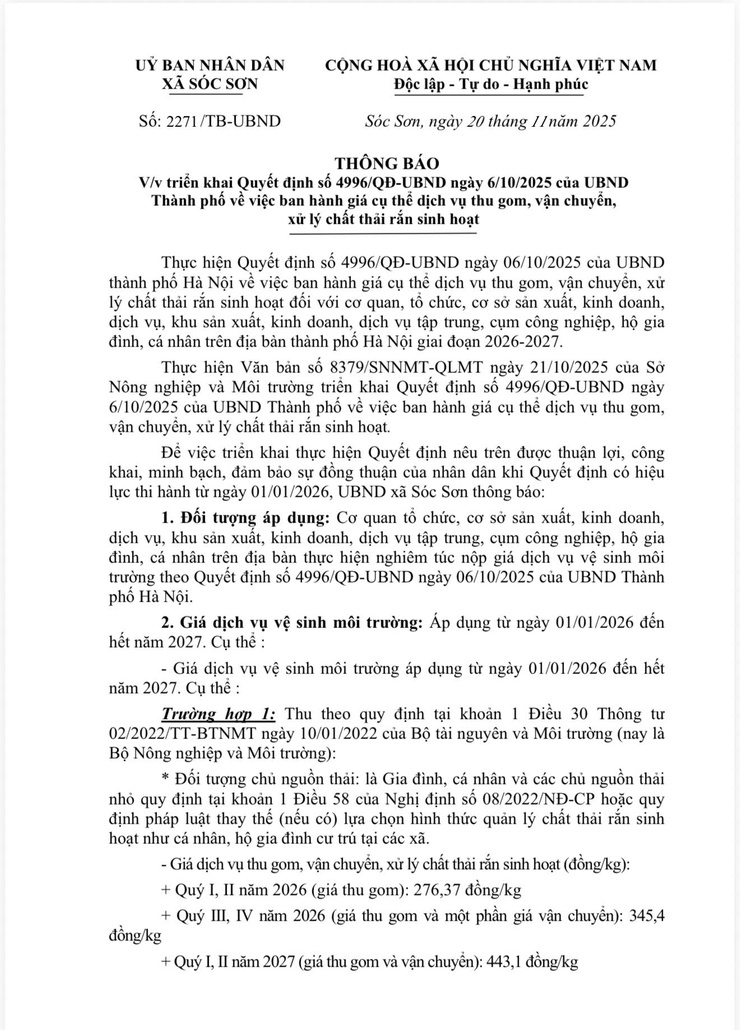 Thông báo triển khai Quyết định số 4996/QĐ-UBND ngày 6/10/2025 của UBND Thành phố về việc ban hành giá cụ thể dịch vụ thu gom, vận chuyển, xử lý chất thải rắn sinh hoạt- Ảnh 1.