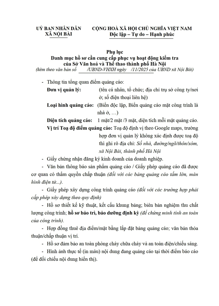 Thông báo về việc cung cấp hồ sơ, tài liệu hoạt động quảng cáo, quảng cáo tấm lớn trên địa bàn xã Nội Bài- Ảnh 1.