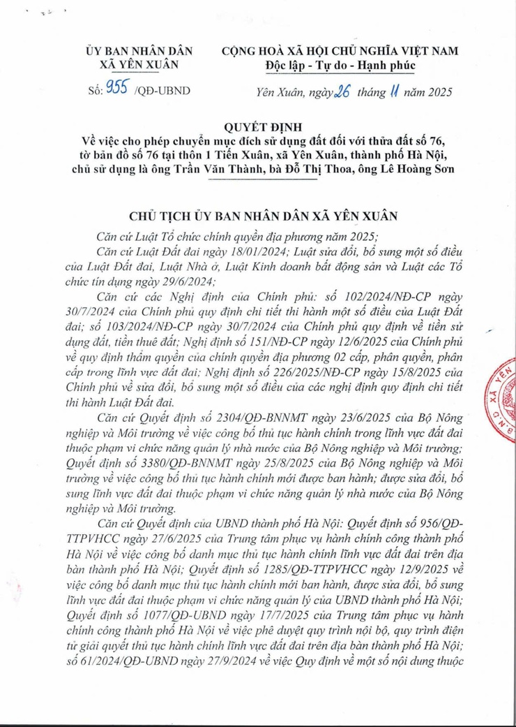 Quyết định cho phép chuyển mục đích sử dụng đất đối với thửa đất 76, tờ bản đồ số 76 tại thôn 1 Tiến Xuân- Ảnh 1.