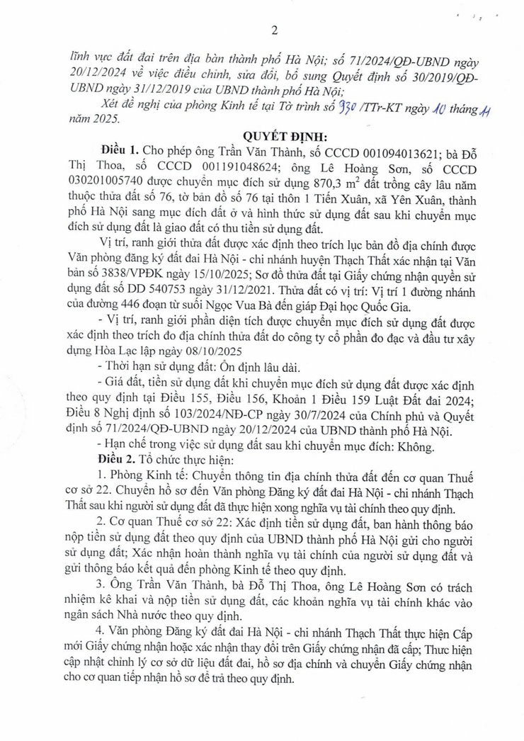 Quyết định cho phép chuyển mục đích sử dụng đất đối với thửa đất 76, tờ bản đồ số 76 tại thôn 1 Tiến Xuân- Ảnh 2.