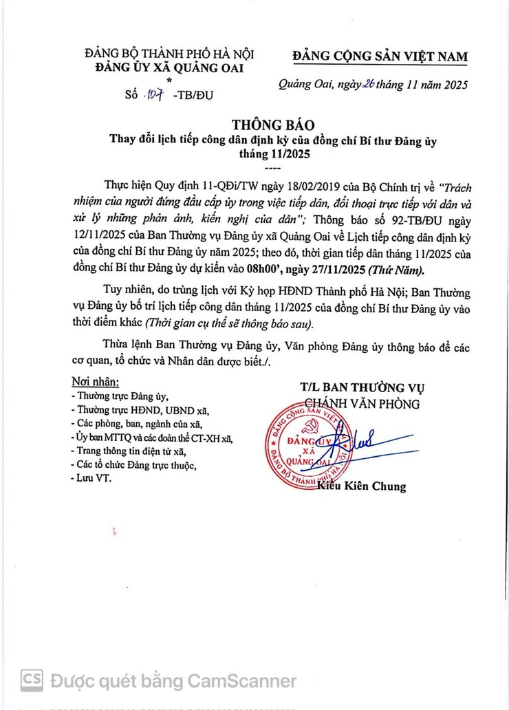 Thông báo thay đổi lịch tiếp công dân định kỳ của Đồng chí Bí thư Đảng Ủy Tháng 11/2025- Ảnh 1.