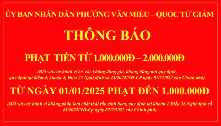 UBND PHƯỜNG VĂN MIẾU – QUỐC TỬ GIÁM THÔNG BÁO VỀ XỬ LÝ VI PHẠM LIÊN QUAN ĐẾN VIỆC ĐỔ RÁC VÀ PHÂN LOẠI CHẤT THẢI- Ảnh 1.