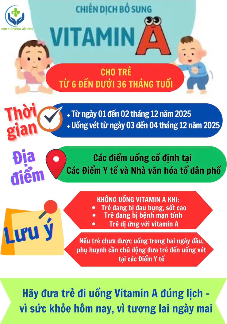 THÔNG BÁO:  Tổ chức chiến dịch bổ sung Vitamin a đợt 2 cho trẻ trên địa bàn phường Việt Hưng năm 2025- Ảnh 1.