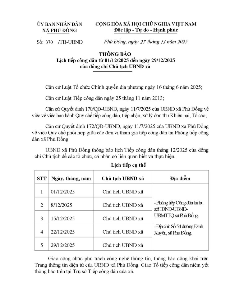 Lịch tiếp công dân từ 01/11/2025 đến ngày 28/11/2025 của đồng chí Chủ tịch UBND xã- Ảnh 1.
