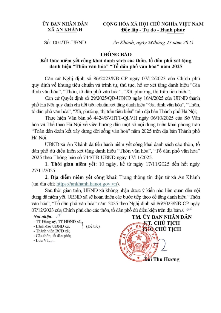 Thông báo: Kết thúc niêm yết công khai danh sách các thôn, tổ dân phố xét tặng danh hiệu "Thôn văn hóa", "Tổ dân phố văn hóa" năm 2025- Ảnh 1.