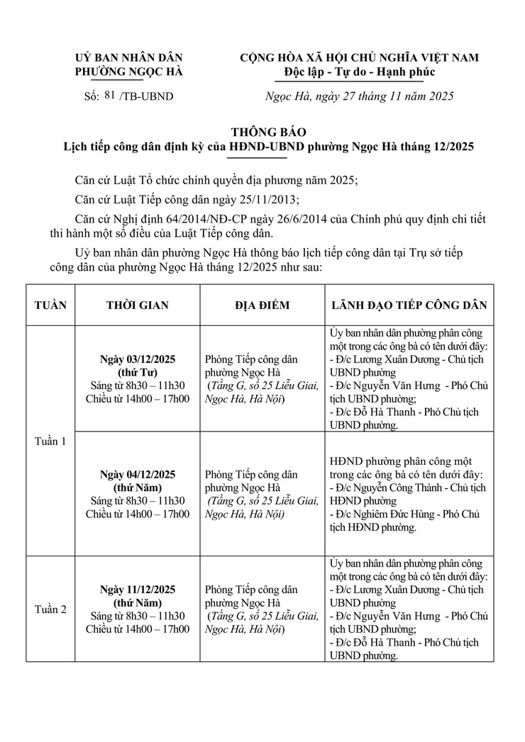 Lịch tiếp công dân định kỳ của HĐND-UBND phường Ngọc Hà tháng 12/2025- Ảnh 1.