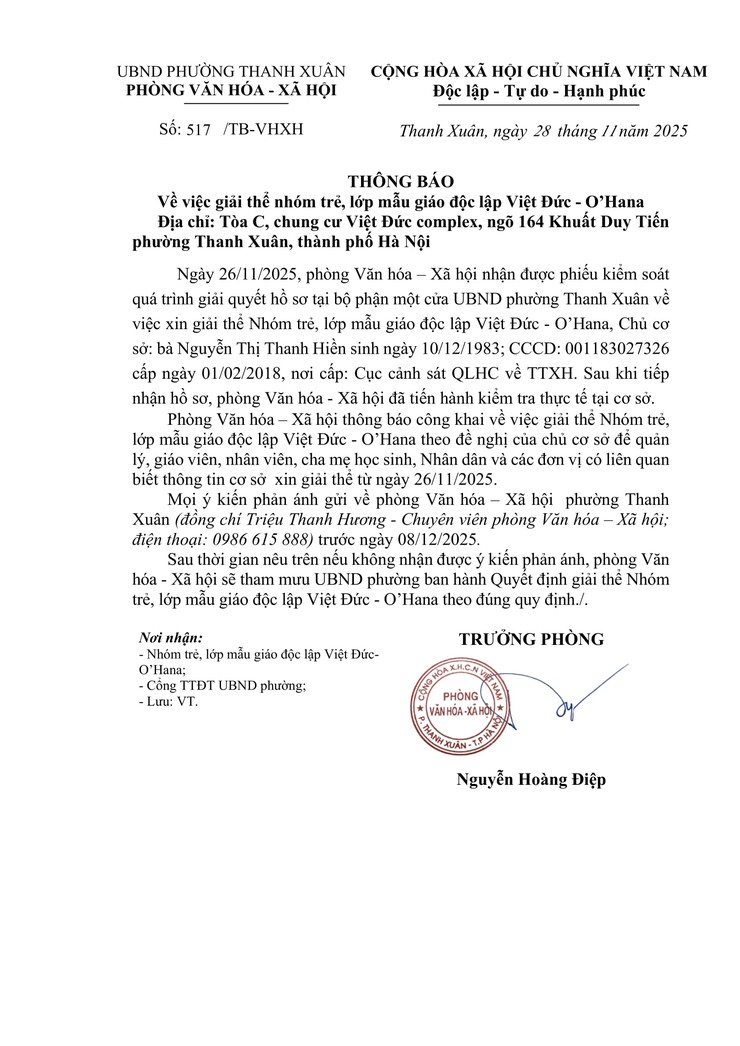 Thông báo về việc giải thể nhóm trẻ, lớp mẫu giáo độc lập Việt Đức - O’Hana- Ảnh 1.