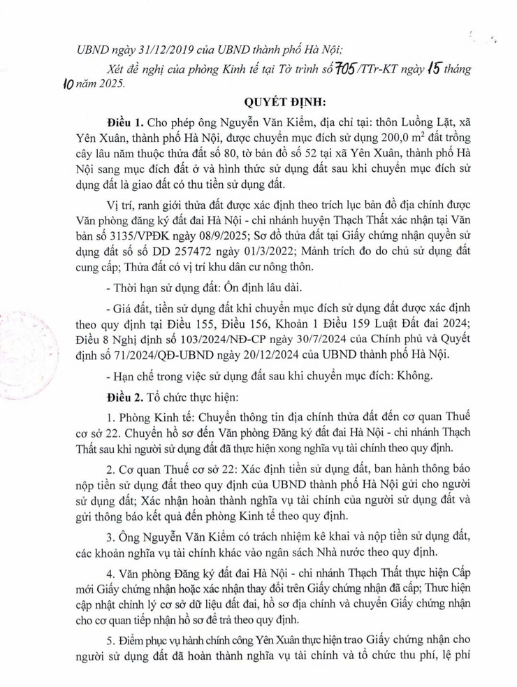 UBND xã Yên Xuân Quyết định về việc cho phép chuyển mục đích sử dụng đất đối với thửa đất số 80, tờ bản đồ số 52 tại xã Yên Xuân, thành phố Hà Nội, chủ sử dụng là ông Nguyễn Văn Kiểm- Ảnh 2.