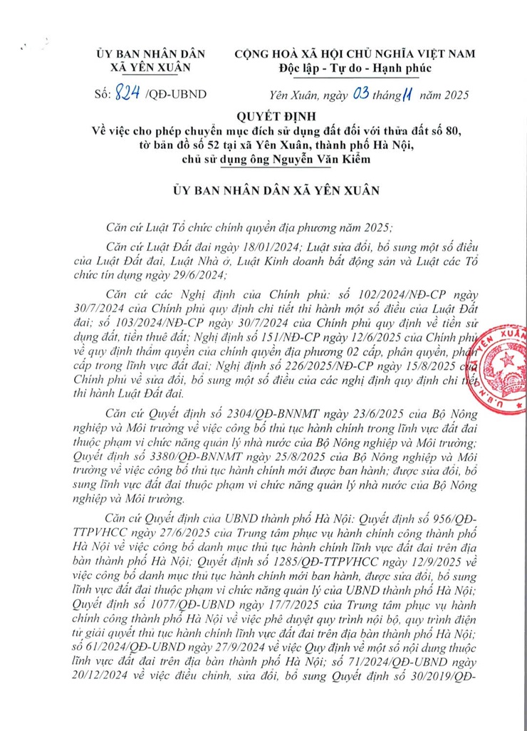 UBND xã Yên Xuân Quyết định về việc cho phép chuyển mục đích sử dụng đất đối với thửa đất số 80, tờ bản đồ số 52 tại xã Yên Xuân, thành phố Hà Nội, chủ sử dụng là ông Nguyễn Văn Kiểm- Ảnh 1.