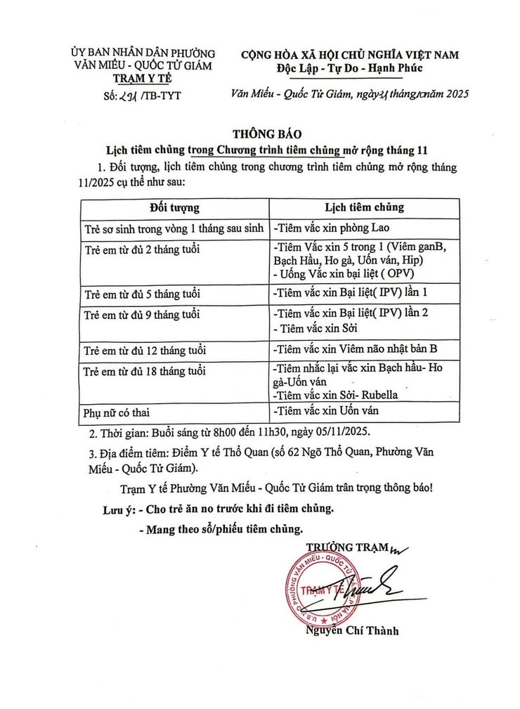 PHƯỜNG VĂN MIẾU – QUỐC TỬ GIÁM TRIỂN KHAI LỊCH TIÊM CHỦNG MỞ RỘNG THÁNG 11/2025- Ảnh 1.