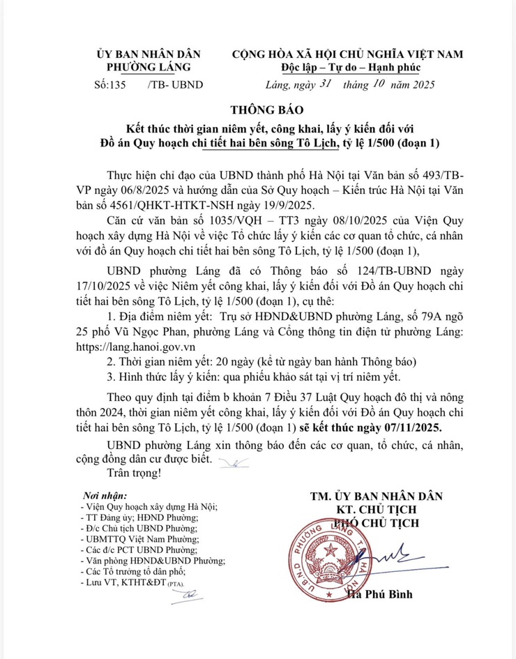 Kết thúc thời gian niên yết, công khai, lấy ý kiến đối với Đồ án Quy hoạch chi tiết 2 bên sông Tô Lịch, Tỷ lệ 1/500 ( đoạn 1)- Ảnh 1.