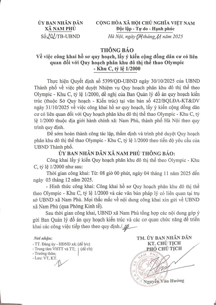 THÔNG BÁO
Về việc công khai hồ sơ quy hoạch, lấy ý kiến cộng đồng dân cư có liên quan đối với Quy hoạch phân khu đô thị thể thao Olympic - Khu C, tỷ lệ 1/2000
- Ảnh 1.