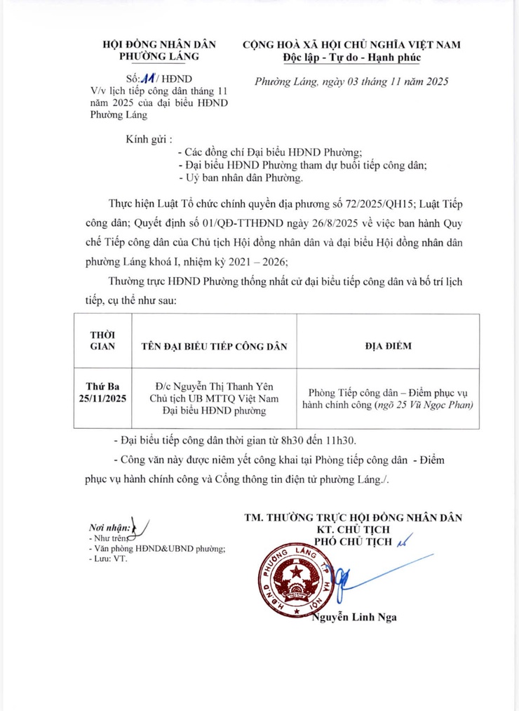 Thường trực HĐND phường Láng thông báo lịch tiếp công dân của Đồng chí Chủ tịch và đại biểu HĐND- Ảnh 2.