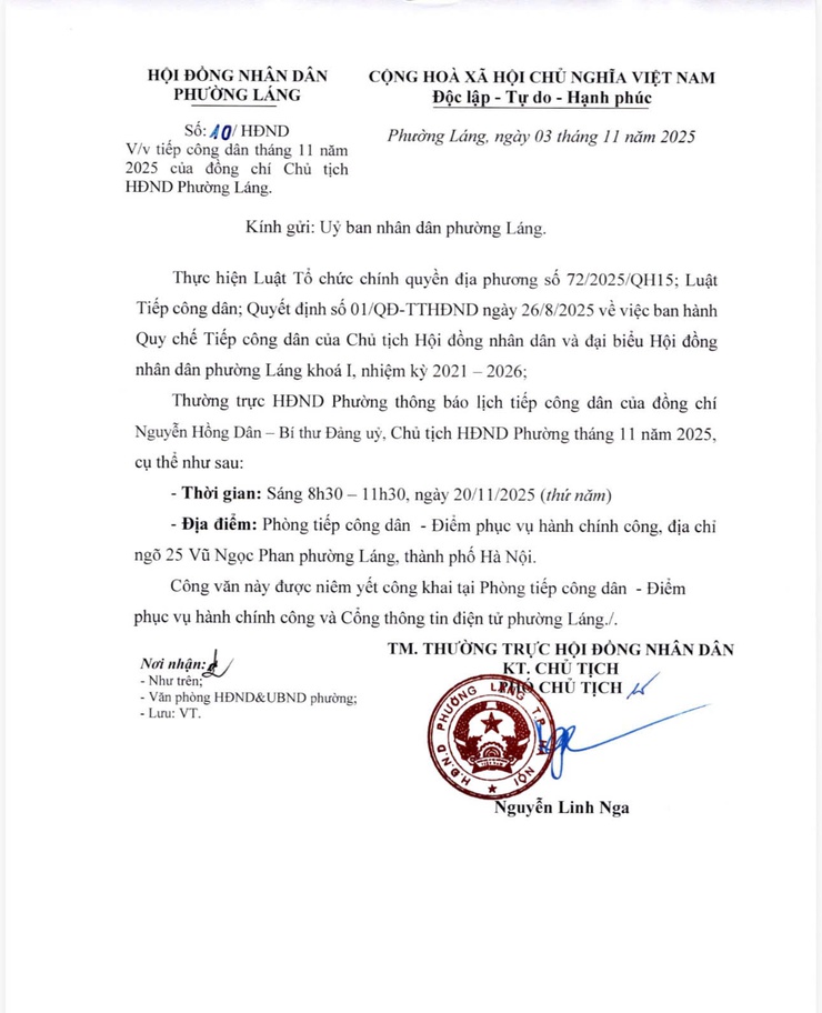 Thường trực HĐND phường Láng thông báo lịch tiếp công dân của Đồng chí Chủ tịch và đại biểu HĐND- Ảnh 1.