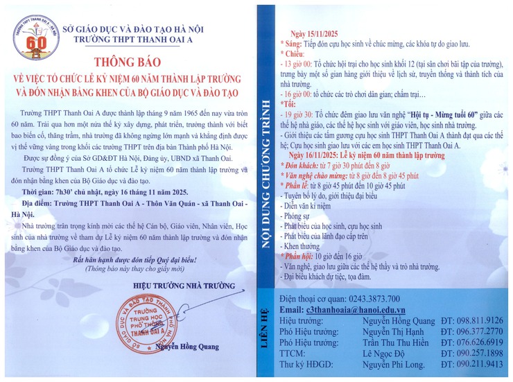 Thông báo về việc tổ chức Lễ kỷ niệm 60 năm thành lập trường THPT Thanh Oai A và đón nhận Bằng khen của Bộ giáo dục và đào tạo- Ảnh 1.