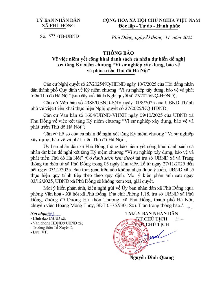 Thông báo Về việc niêm yết công khai danh sách cá nhân dự kiến đề nghị xét tặng Kỷ niệm chương “Vì sự nghiệp xây dựng, bảo vệ và phát triển Thủ đô Hà Nội” cho ông Nguyễn Duy Thích- Ảnh 1.