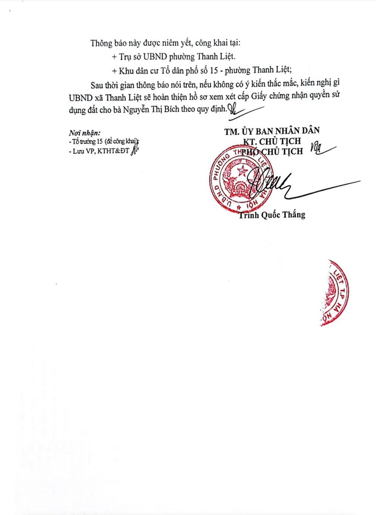 UBND PHƯỜNG THANH LIỆT THÔNG BÁO NIÊM YẾT CÔNG KHAI KẾT QUẢ KIỂM TRA HỒ SƠ ĐỀ NGHỊ CẤP GIẤY CHỨNG NHẬN QUYỀN SỬ DỤNG ĐẤT- Ảnh 2.