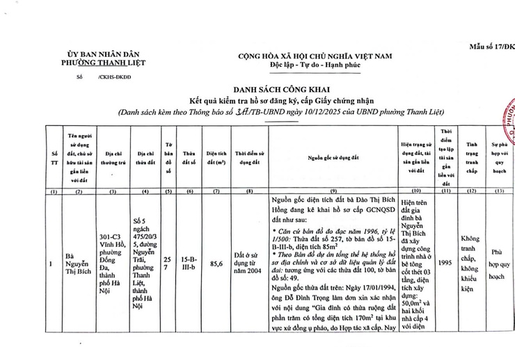 UBND PHƯỜNG THANH LIỆT THÔNG BÁO NIÊM YẾT CÔNG KHAI KẾT QUẢ KIỂM TRA HỒ SƠ ĐỀ NGHỊ CẤP GIẤY CHỨNG NHẬN QUYỀN SỬ DỤNG ĐẤT- Ảnh 3.