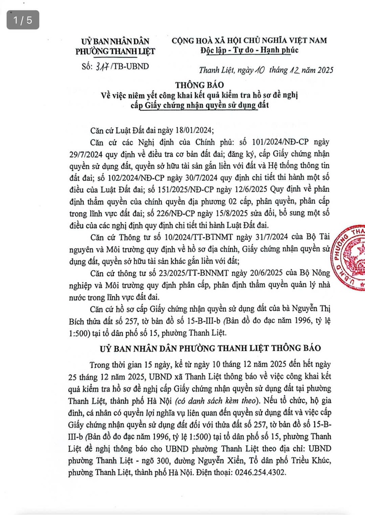 UBND PHƯỜNG THANH LIỆT THÔNG BÁO NIÊM YẾT CÔNG KHAI KẾT QUẢ KIỂM TRA HỒ SƠ ĐỀ NGHỊ CẤP GIẤY CHỨNG NHẬN QUYỀN SỬ DỤNG ĐẤT- Ảnh 1.