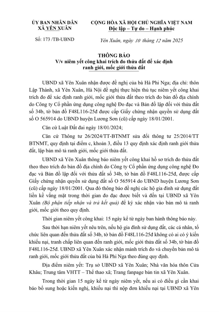 THÔNG BÁO NIÊM YẾT CÔNG KHAI TRÍCH ĐO THỬA ĐẤT ĐỂ XÁC ĐỊNH RANH GIỚI, MỐC GIỚI THỬA ĐẤT- Ảnh 1.