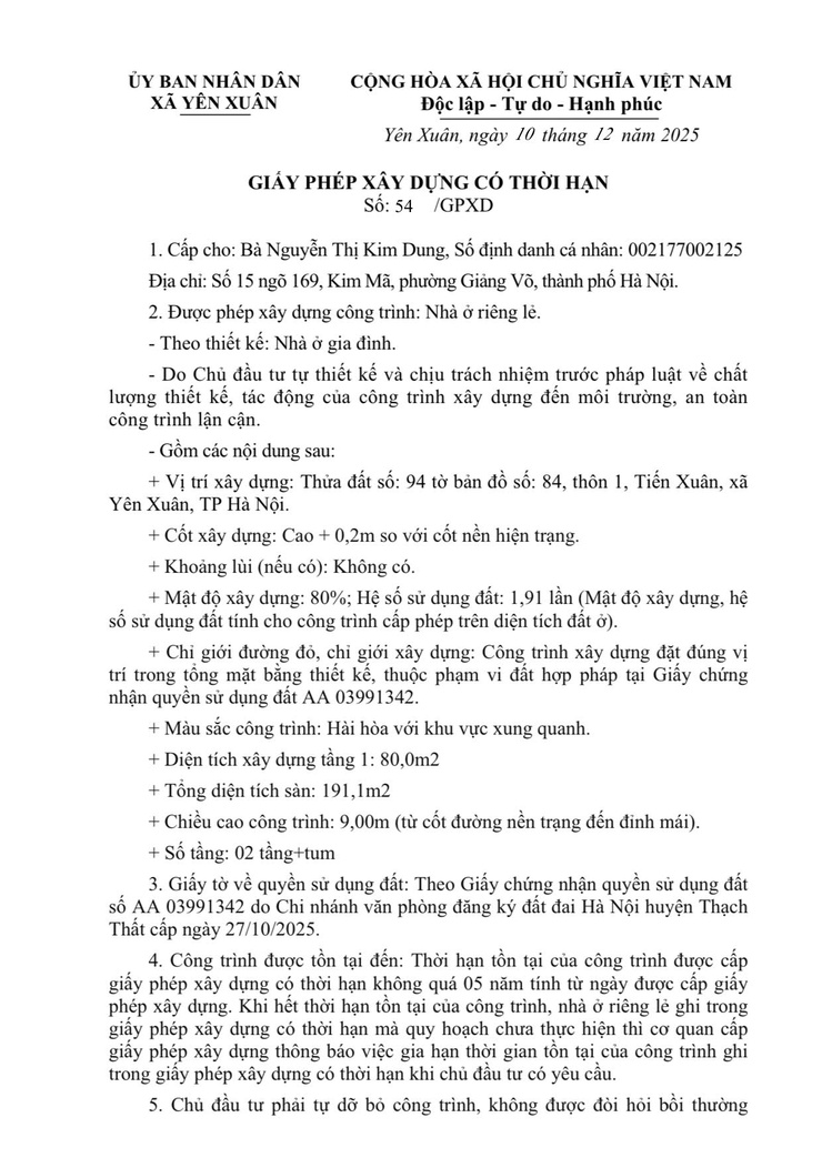 CẤP GIẤY PHÉP XÂY DỰNG CÓ THỜI HẠN CHO BÀ NGUYỄN THỊ KIM DUNG- Ảnh 1.