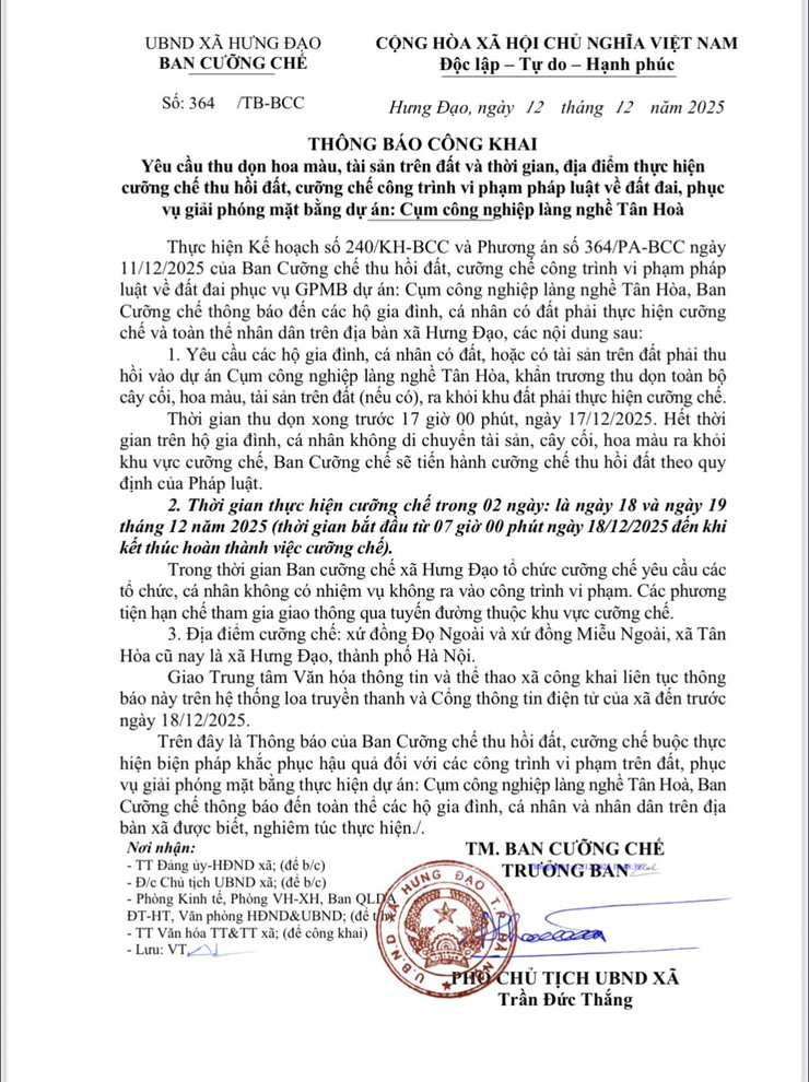 THÔNG BÁO
Yêu cầu thu dọn hoa màu, tài sản trên đất và thời gian, địa điểm thực hiện cưỡng chế thu hồi đất, cưỡng chế công trình vi phạm pháp luật về đất đai, phục vụ giải phóng mặt bằng dự án: Cụm công nghiệp làng nghề Tân Hoà- Ảnh 1.