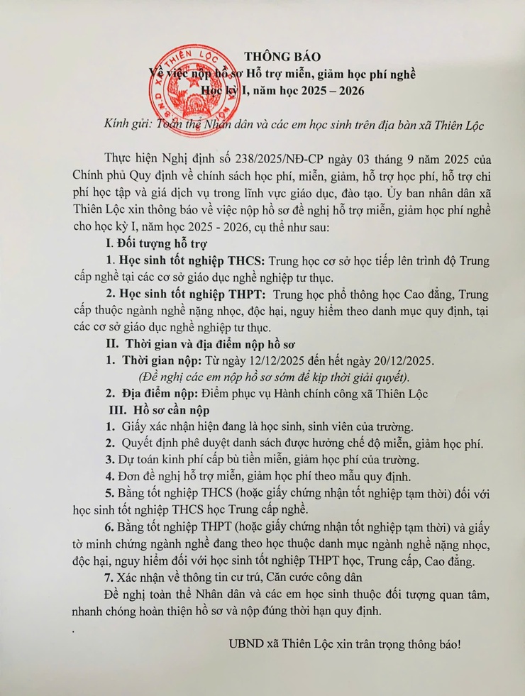 UBND xã Thiên Lộc Thông báo V/v nộp hồ sơ Hỗ trợ miễn, giảm học phí nghề Học kỳ I, năm học 2025 - 2026- Ảnh 1.