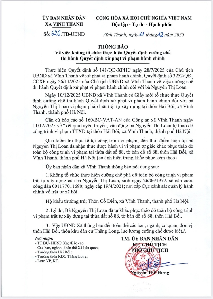 Công dân tự giác tháo dỡ công trình vi phạm, UBND xã Vĩnh Thanh dừng kế hoạch cưỡng chế- Ảnh 1.
