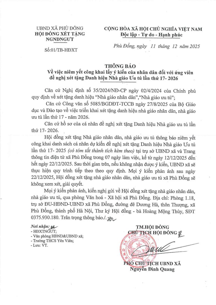Thông báo về việc niêm yết công khai lấy ý kiến của nhân dân đối với ứng viên đề nghị xét tặng Danh hiệu Nhà giáo ưu tú lần thứ 17-2026- Ảnh 1.