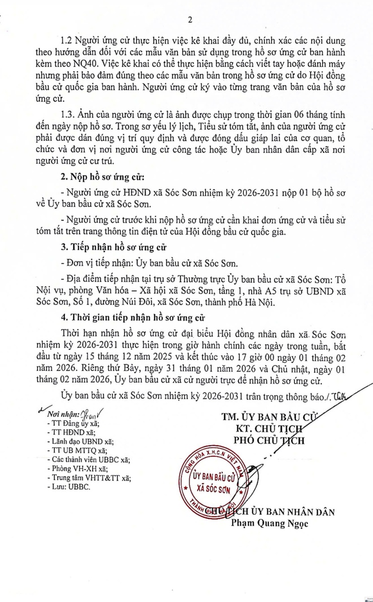 Thông báo về việc tiếp nhận hồ sơ ứng cử đại biểu Hội đồng nhân dân xã Sóc Sơn nhiệm kì 2026-2031- Ảnh 2.