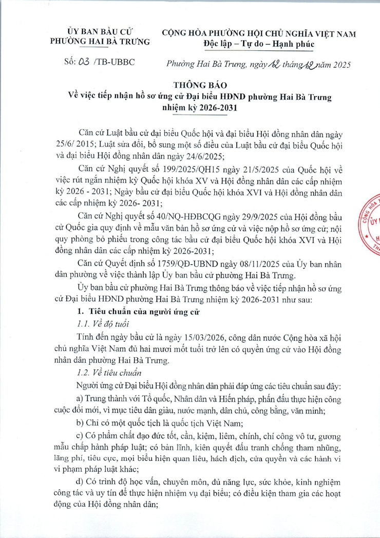 Thông báo về việc tiếp nhận hồ sơ ứng cử Đại biểu HĐND phường Hai Bà Trưng nhiệm kỳ 2026 - 2031.- Ảnh 1.