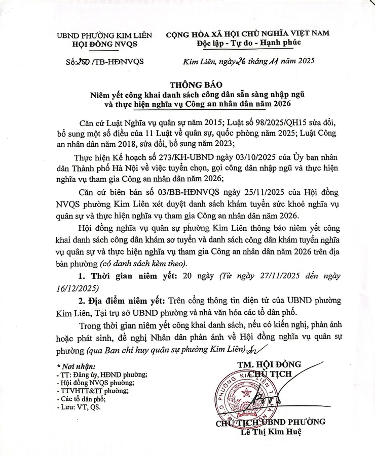 Phường Kim Liên: thông báo niêm yết công khai danh dách công dân sẵn sàng nhập ngũ và thực hiện nghĩa vụ Công an nhân dân năm 2026- Ảnh 1.