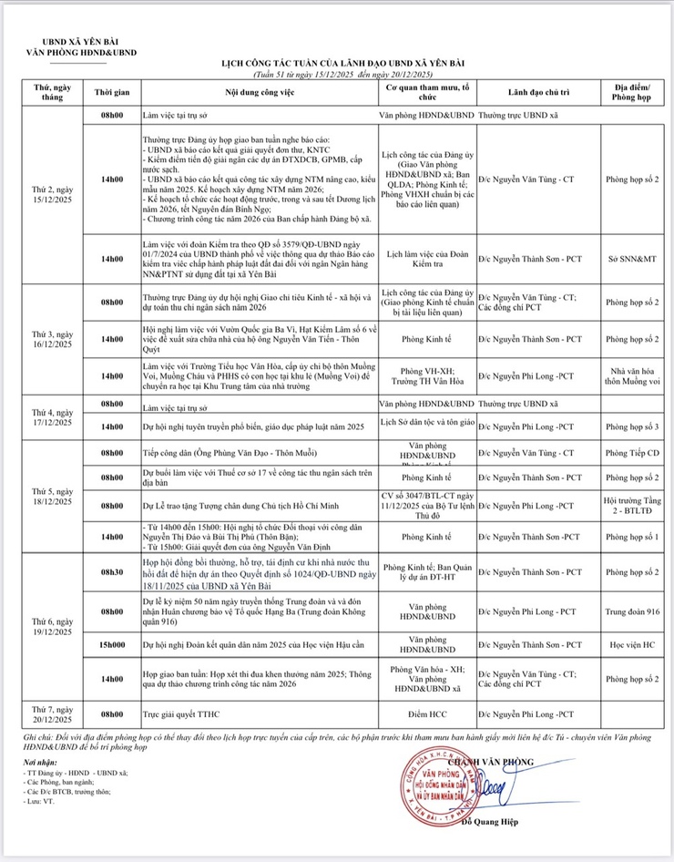 Lịch công tác tuần 51 của UBND xã Yên Bài- Ảnh 1.