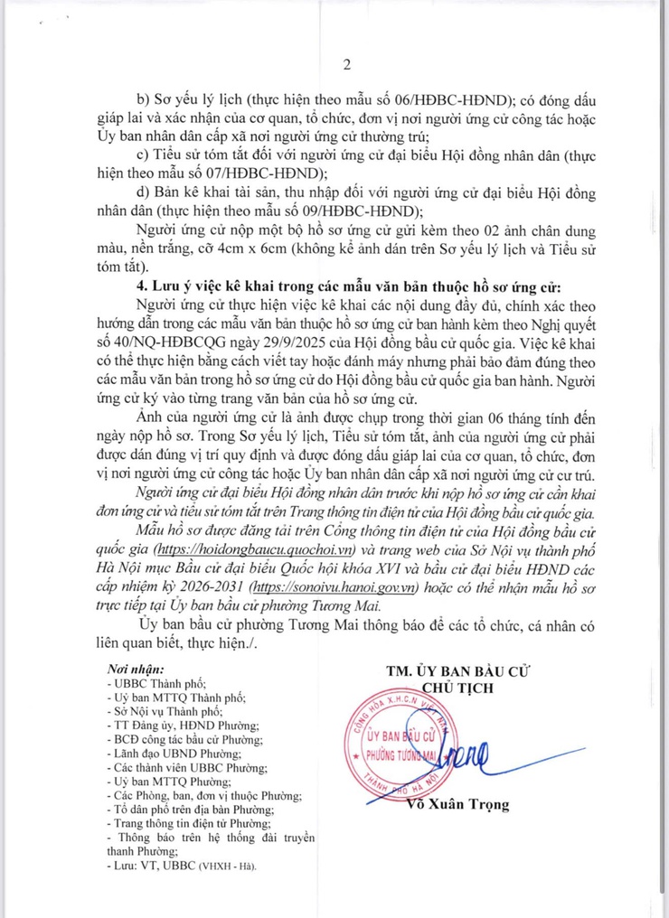Thông báo về mẫu hồ sơ, địa điểm, thời gian tiếp nhận hồ sơ ứng cử Đại biểu HĐND Phường Tương Mai nhiệm kỳ 2026 - 2031- Ảnh 2.