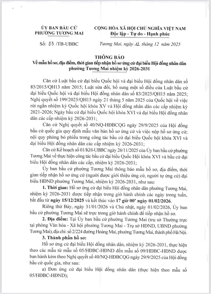 Thông báo về mẫu hồ sơ, địa điểm, thời gian tiếp nhận hồ sơ ứng cử Đại biểu HĐND Phường Tương Mai nhiệm kỳ 2026 - 2031- Ảnh 1.