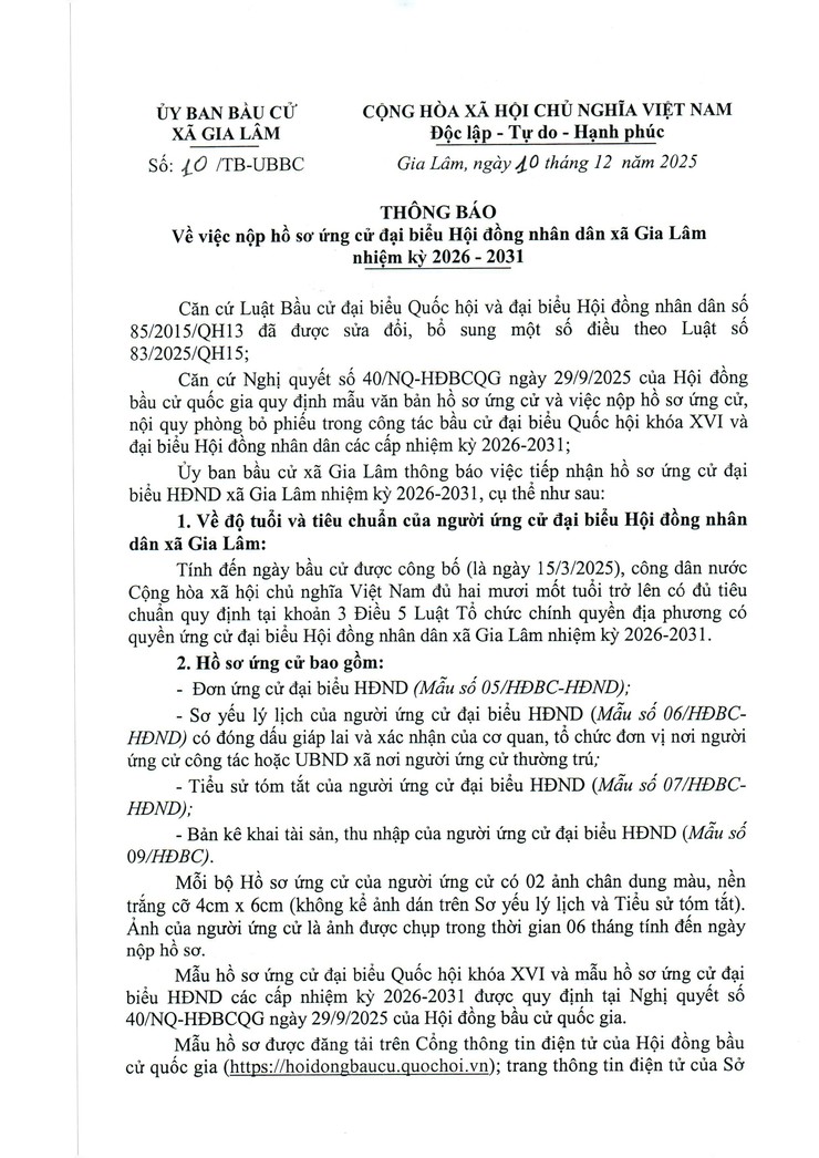 Thông báo về việc nộp hồ sơ ứng cử đại biểu Hội đồng nhân dân xã Gia Lâm nhiệm kỳ 2026 - 2031- Ảnh 1.